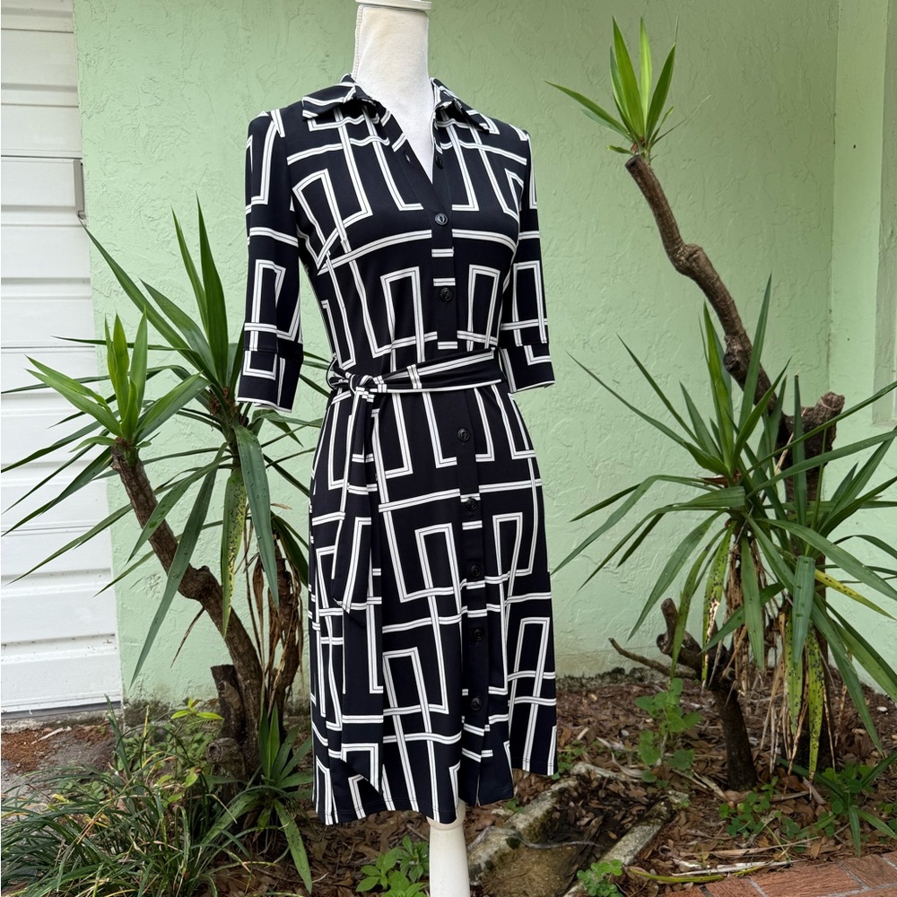 Black and White Tie Wasidt Button Down Midi Dress